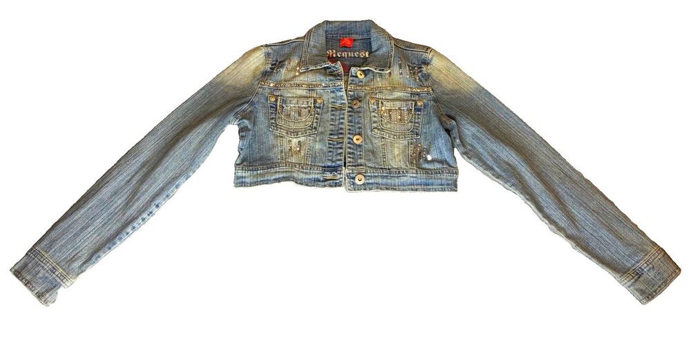NWT Request Jeans Y2K Cropped Denim Jacket XL Sequins Rhinestones MSRP $64